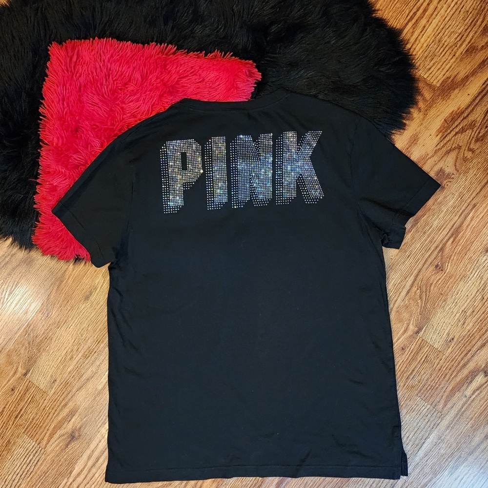 Victoria's Secret PINK Rhinestone Black T-Shirt With Silver Bling Size XL